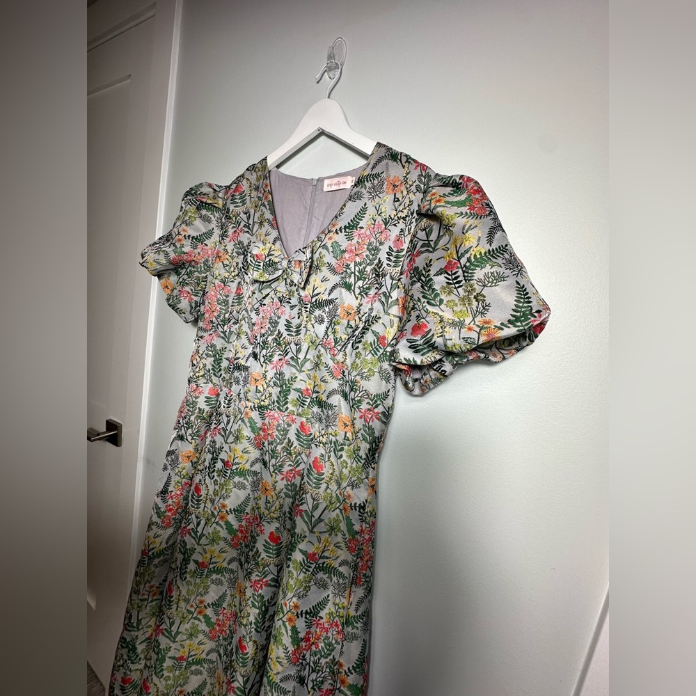 NEW Ivy City Co  Avalon  Floral Brocade Midii Puff Sleeve Bow  Dress Sz 16 - Picture 13 of 17